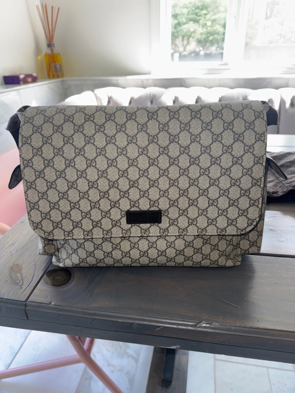 Gucci Beige GG Supreme Canvas Messenger Bag with Brown Trim
